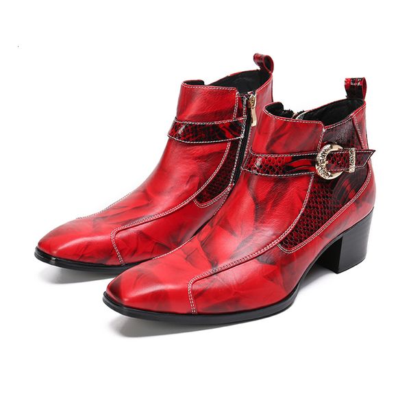 Chaussures de sécurité Botas hiver italien rouge bout carré homme boucle en cuir véritable bottines formelles grande taille hommes Club robe de soirée 230503