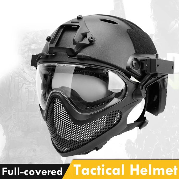 Casque tactique de sécurité avec masque en maille en acier + lunettes de protection oculaire