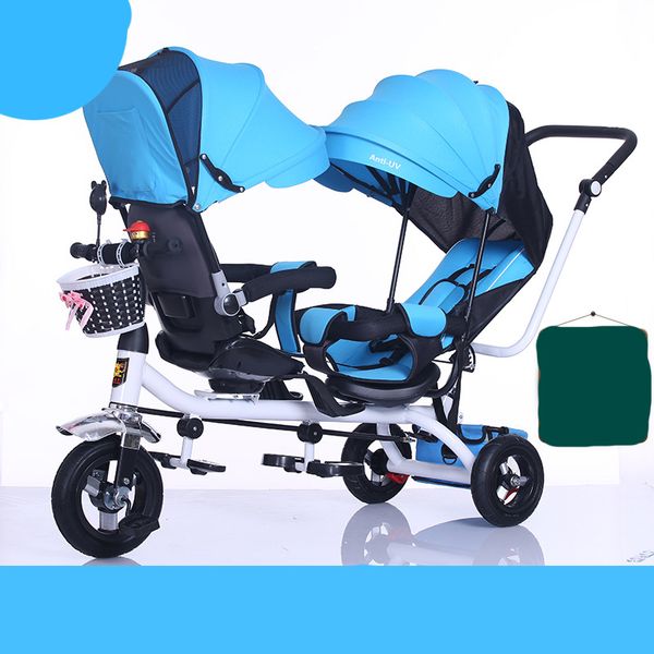 Sécurité jumelle bébé poussette double siège enfant tricycle enfants vélo siège rotatif trois roues poussette légère protable pratique poussette multicolore ba67 C23