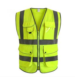 Chaleco de seguridad de tela de trabajo que trabaja bicicleta reflectante a vis cubo amarillo caliente con bolsillos para hombres mujeres