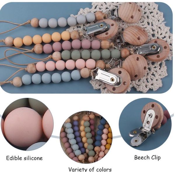 Sécurité en bois bébé infantile enfant en bas âge sucette Silicone sucette mamelon pince chaîne support sangle bébé mâcher jouet pour bébé