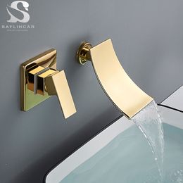 SafliHcar Matte zwart/chromen badkamer kraan muur gemonteerde watervalbassin kranen wasbekken tikken tikkende koude water mixer tap