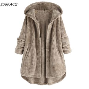 Sagace ropa abrigos mujeres invierno abrigo cálido con capucha más tamaño polar irregular manga larga botón bolsillo sólido chaqueta con capucha CX200725