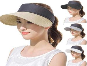Sagace Fashion Hat Dames Straw Zon Visor Hoed Roll Up Wide Brim UV Beschermende Zon met lege top Straw Summer for Women7300851