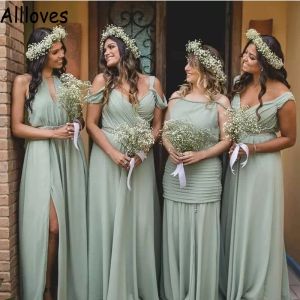 Salie bruidsmeisje groene jurken ruches plekken riemen riemen zijkant spleet chiffon juweel strand bruiloft gasten jurken plus size custom made made