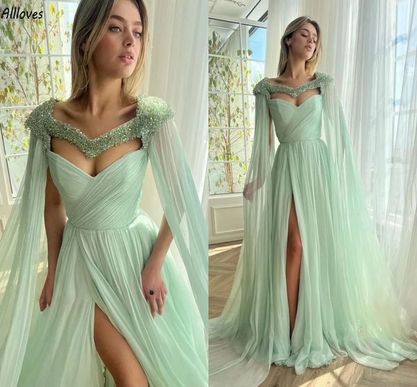 Dubaï Arabie Saoudite Sage Mousseline De Soie Une Ligne Robes De Soirée Magnifique Perles Cape Longue Wrap Robes De Soirée Plissée Sexy Côté Split Deuxième Réception Robe Formelle CL2972