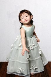 Sage Flower Girls Dresses enkellange satijn met tule applique