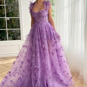 Violet 3D dentelle papillons chérie robe de bal 2024 bretelles spaghetti une ligne haute fente fée pageant soirée robes formelles robe de soirée arabe Dubaï