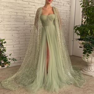 Sage Vert Une Ligne Robes De Bal Glitter Sequin Cape Chérie Côté Haut Fente Maxi Robes De Soirée Formelle Partie Robe De Graduacion