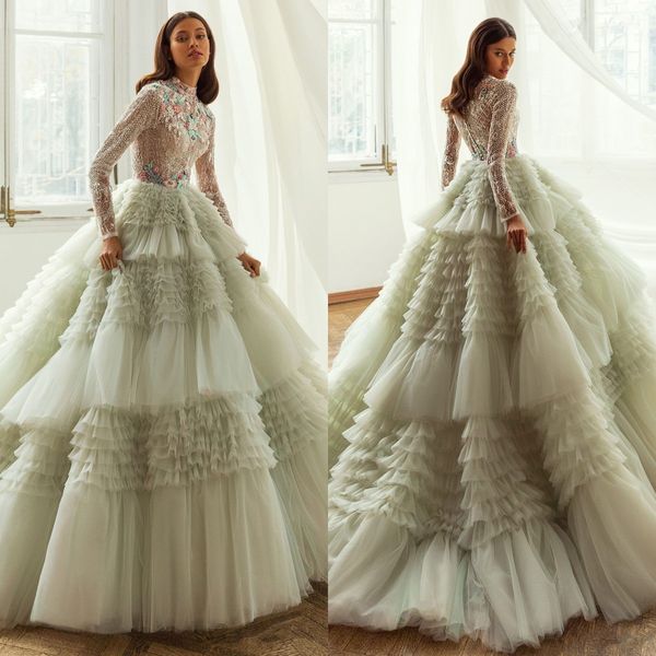 Vert Sauge Couches Tulle Arabe 2022 Robes De Bal Floral Appliqued À Manches Longues Perles Paillettes Soirée Formelle Partie Deuxième Réception Robes