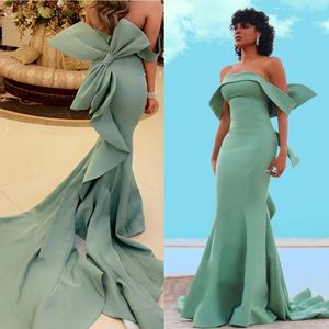 Salie groene zeemeermin avondjurken elegant off schouder lang satijnen formele evenementenjurk grote boog backless maxi prom feestjurk