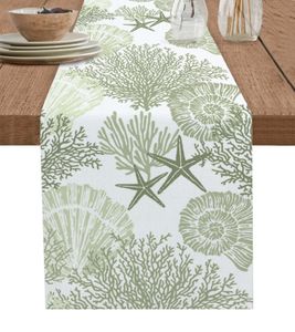 Sage Green Ocean Coral Shells étoiles de mer abstraites Table Runner Coton Décorat de mariage en lin