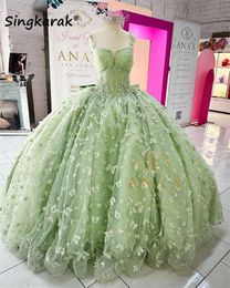 Sage Green Princess Ball Vestido de quinceanera con el arco de mariposa con cuentas de lentejuelas cristales dulces 16 vestidos vestidos