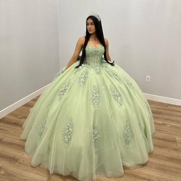 Robe De bal princesse vert sauge Quinceanera, avec des Appliques en dentelle avec nœud, robe De bal, 16 ans, 2024