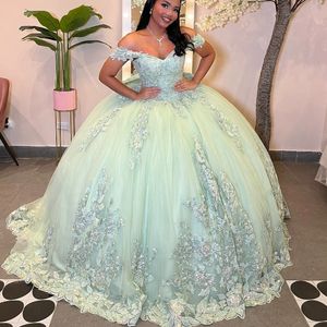 Sage Green Quinceanera Robes 2024 Forme de luxe formelle perle des applications en dentelle Sweet 15 Robe Graduation Ball Gwon Prom Robes