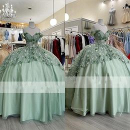 Salie Groene Quinceanera Jurken Charro 2023 Zie Hoewel Top Baljurken Voor Vrouwen Uit De Schouder 3D Bloemen Bloemen Kant Tule Sweet247f