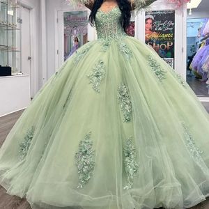 Robes Quinceanera vert sauge pour filles de 16 ans, avec des Appliques de perles et de plumes, robes de bal de princesse en tulle, 15 robes