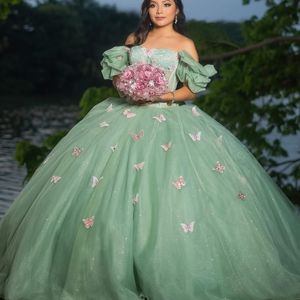 Robes De Quinceanera vert sauge, robe De bal princesse avec nœud en perles douces, robes De fête d'anniversaire, 2023