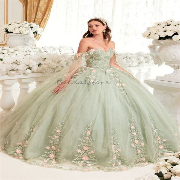 Sage Green Quinceanera Robes avec des fleurs roses élégantes hors épaules Boube de bal CORSET LACE Vestido de 15 anos quinze 16 robes de quinceanera 2024 seize