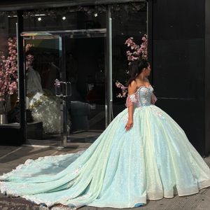 Robe de bal à paillettes vert sauge, en Tulle, avec des Appliques de fleurs, épaules dénudées, pour fête d'anniversaire formelle de 15 à 16 ans