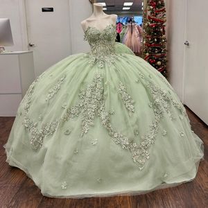 Robe De bal brillante vert sauge Quinceanera robes Appliques dentelle perles tulle épaule dénudée douce 16 robe robe De 15 Anos à lacets