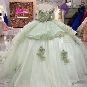 Salie groen glanzende quinceanera jurk baljurk van de schouderapliques kant 3dflower corset vestidos de quinceanera