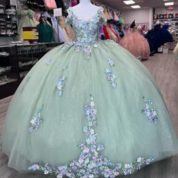 Sauge vert brillant Quinceanera robes robe de bal Floral Applique dentelle fleur doux 16 robes fête d'anniversaire bal vestidos de 15