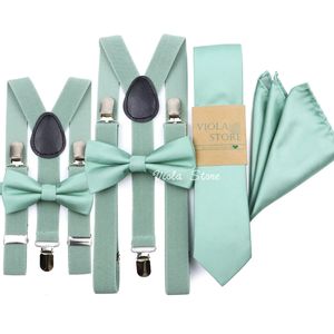 Sage Green Solid 2,5 cm Suspender 6cm Tie Hankie Bow Set Men Kid Cravat Brace Stracts réglables Accessoire de fête de mariage 240111