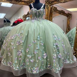 Sage vert chérie 3d fleurs tull quinceanera robe robe de bal robe gonflée 16e anniversaire Vestido de charra 15 anos