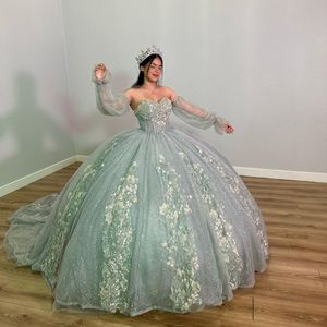 Sage vert vert hors l'épaule quinceanera robes princesse project robe tulle lace up appliques sweet 15 16 robe ball gwon