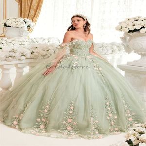 Sage vert aux fleurs roses élégantes de la robe de bal de bal de bal de la robe de bal Vestido de anos quinceanera robes de quinceanera seize