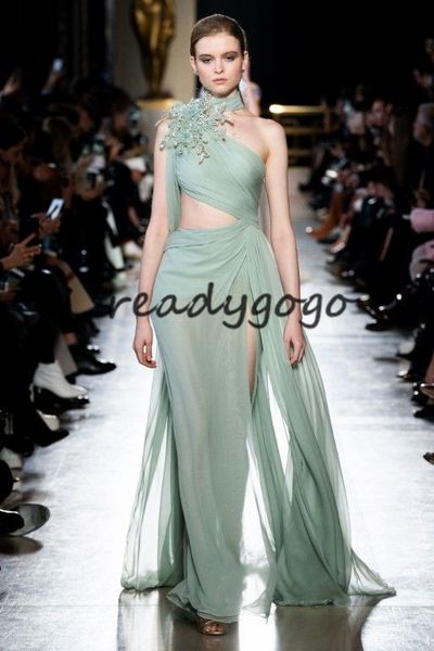 Sage Mint Split Prom Vestidos formales con encaje dorado Floral Cuello alto Elie Saab Flowy Indian Celebrity Vestido de noche con cinta