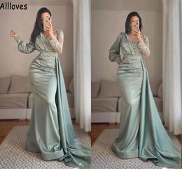 Salie satijn zeemeermin avond formele jurken met lange mouwen Arabische aso ebi pailletten kant appliqued prom party jurken peplum ruches speciale gelegenheid jurk cl1177