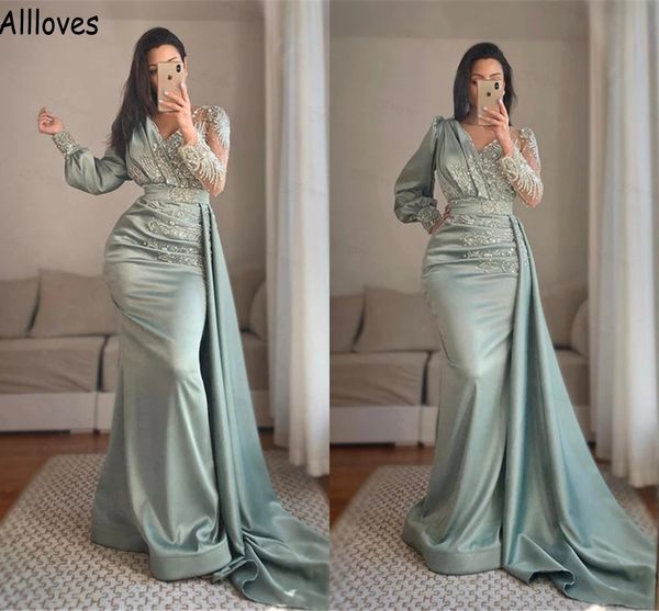 Sage satin sirène robes formelles de soirée avec manches longues arabe aso ebi paillettes en dentelle appliqués robes de fête de bal à peplum