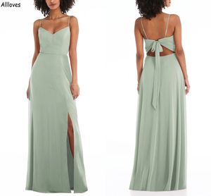 Salie spaghetti riemen lange bruidsmeisje jurken voor bruiloftsfeest sexy zijsplaraat backless boho strand meid of honor jurken plus size elegante bruiloft gastenjurk cl2160