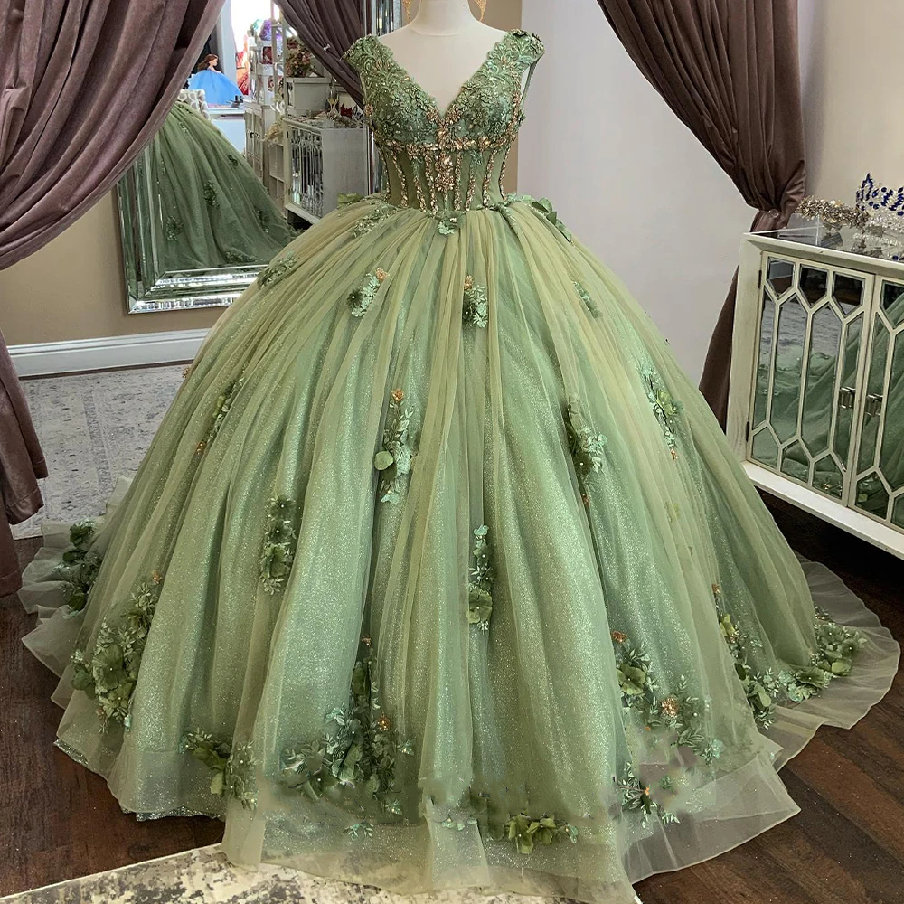 2024 Sage Ball Gown Princess Quinceanera Dresses Crystals Beaded 3D Floral Appliques Floor Length Sweet 15 Dress V-Neck Tank Sleeveless Lace-Up Corset Plus Size Robe