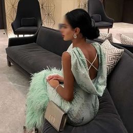 Said Feathers Green Dubai Sharon Sage-avond voor bruiloft 2024 Arabische afstudeergalajurken
