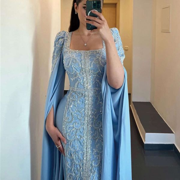 Dit sirène Sharon musulman dubaï bleu robes de soirée pour les femmes de mariage manches longues Cape arabe lilas robe formelle Ss365 mal