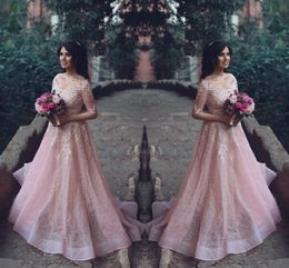 Dicho Mhamad Pink Prom Dresses 2017 Applique Beads V cuello media manga larga vestidos de noche Sexy Off hombro árabe árabe formal vestidos de fiesta