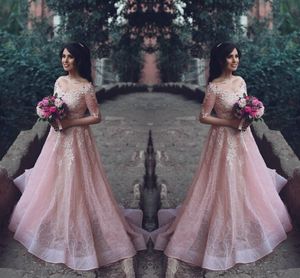 Zei Mhamad Pink Prom Dresses 2017 Applique Beads V-hals Half Lange Mouw Avondjurken Sexy Off Shoulder Saudi Arabische Formele Party Jurken