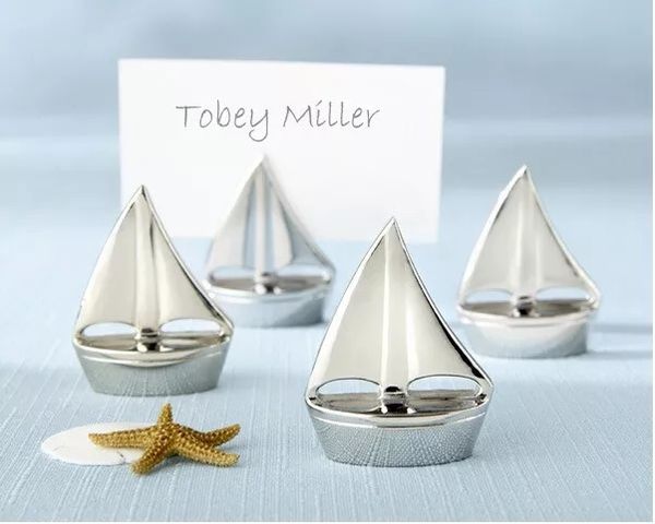 Porte-cartes de lieu à thème de plage en argent, bateau à voile, cadre de nom de photo de mariage, Clips de cartes de numéro de Table, décor de fête de mariage