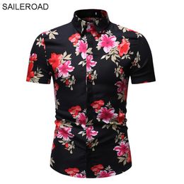 SAILEROAD 2019 Camisa de flores a la moda para hombre, camisas estampadas hawaianas ajustadas, Camisa Floral Masculina, camisas de manga corta de verano Tops2571