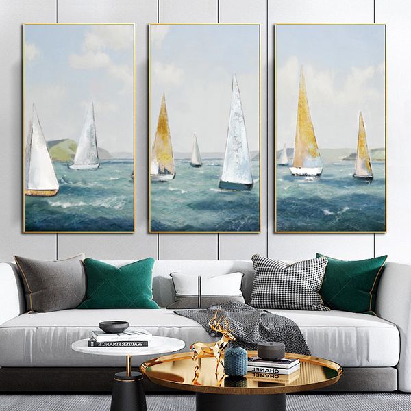 Pinturas al óleo de velero impresas en lienzo, pósteres de barco dorado, arte de pared de mar y océano, imágenes de olas abstractas para decoración para sala de estar