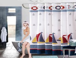 Rideaux de douche de bateau à voile Style d'été Nautique Nautique Navy Stripe Bath Bath Rideaux Curtain de douche en tissu polyester imperméable avec 8901066