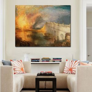 Lienzo marino de vela, arte de la quema de las casas, pintura de Joseph William Turner, paisaje marino hecho a mano, decoración del hogar