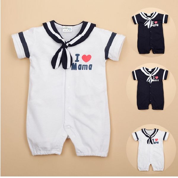 Marinero Baby Boys Rompers Vestidos de bebé Pantalones cortos Ropa de bebé de verano Shortalls Trajes 100% algodón Amo mamá papá 210413