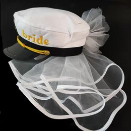 Sailor Capitán Hat Velo Náutico Bachelorette Party Bridal Sailor Cap con Velo Bordado Beach Beach Ocean Boat Bride Gift