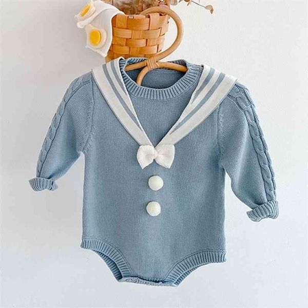 Marinero Collar Infant Baby Girls Bowknot Knit Mamelucos Ropa Otoño Invierno Niños Niña Ropa de manga larga 210521