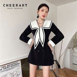 Col marin à manches longues robe coréenne femmes style preppy double boutonnage noir blanc mini printemps mode 210427
