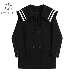 Col marin Femmes Blazers Noir Automne Designer Vintage Lâche À Manches Longues Japonais Tops Survêtement Femme Veste 210417